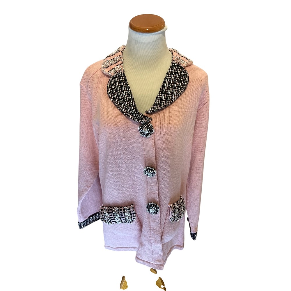 Storybook‎ Knits Grannycore Pink Beaded Sweater Women 1X Pearl Embellished NEW